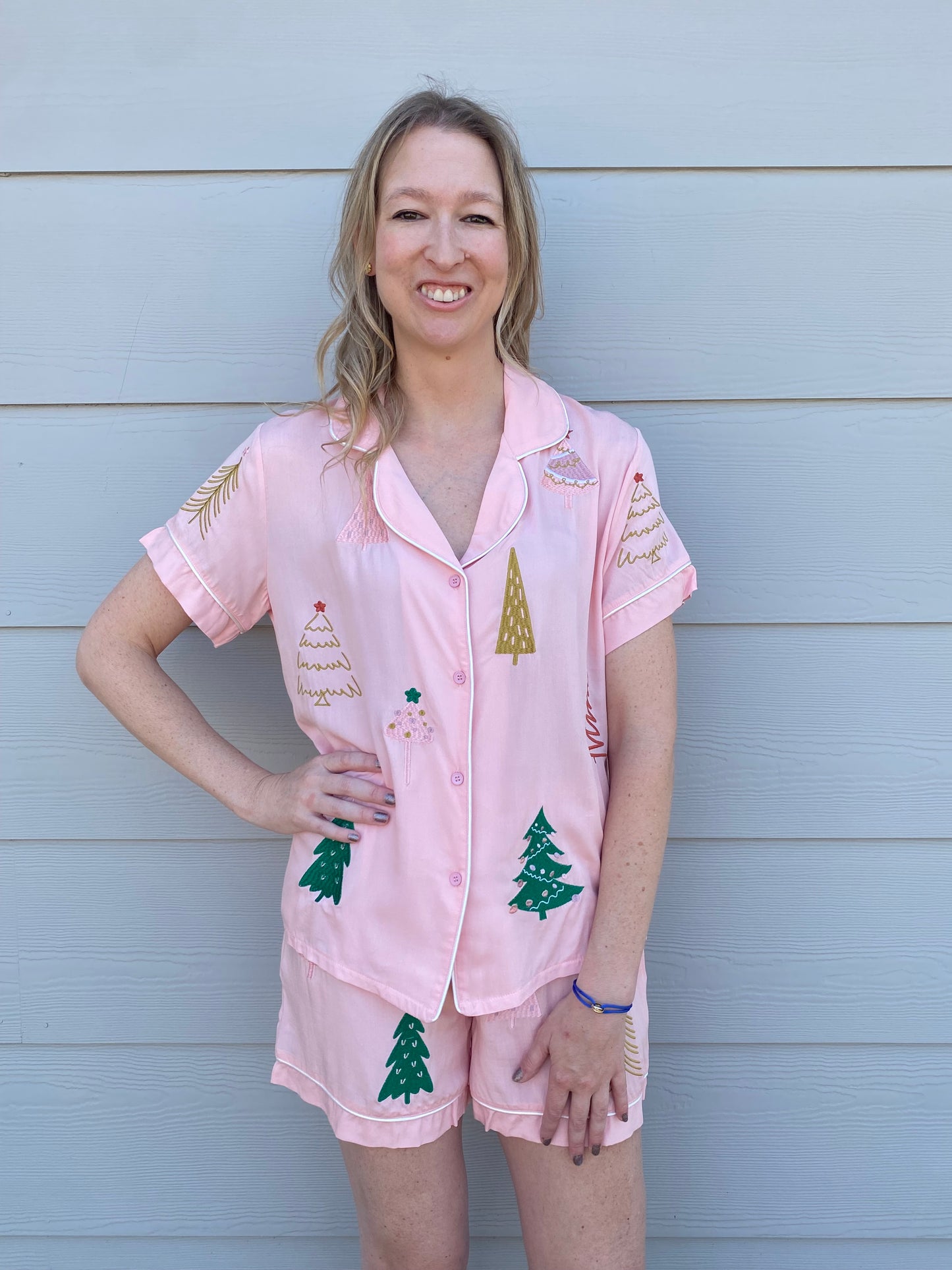 Christmas Tree Embroidery Pajamas Shorts Set