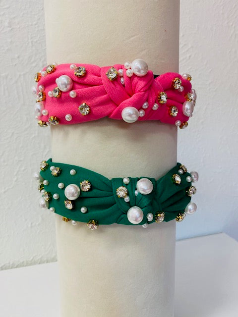 Bright Pink and Green Knotted Pearl and Rhinestone Headband