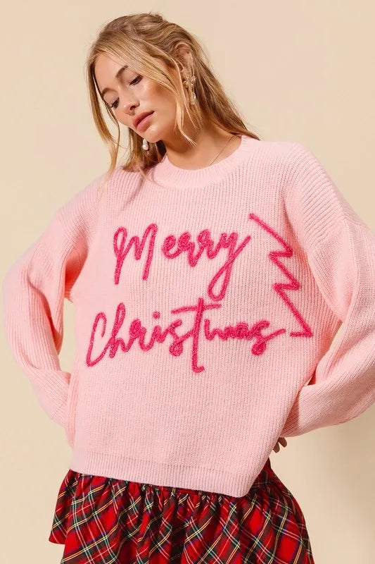Merry Christmas Pink Tinsel Sweater