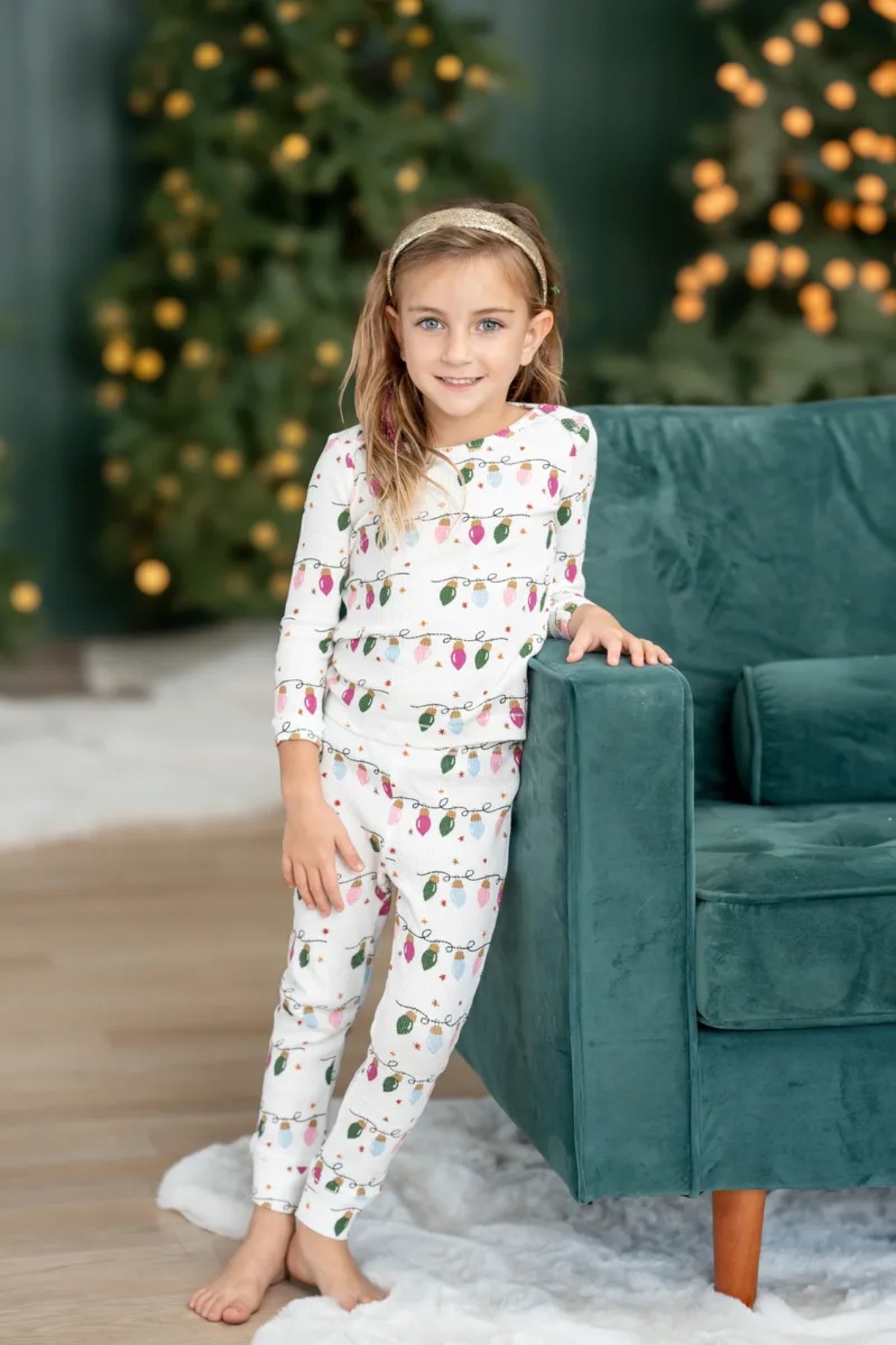 Spearmint Love Organic Waffle 2-Piece Set Christmas Light Pajamas