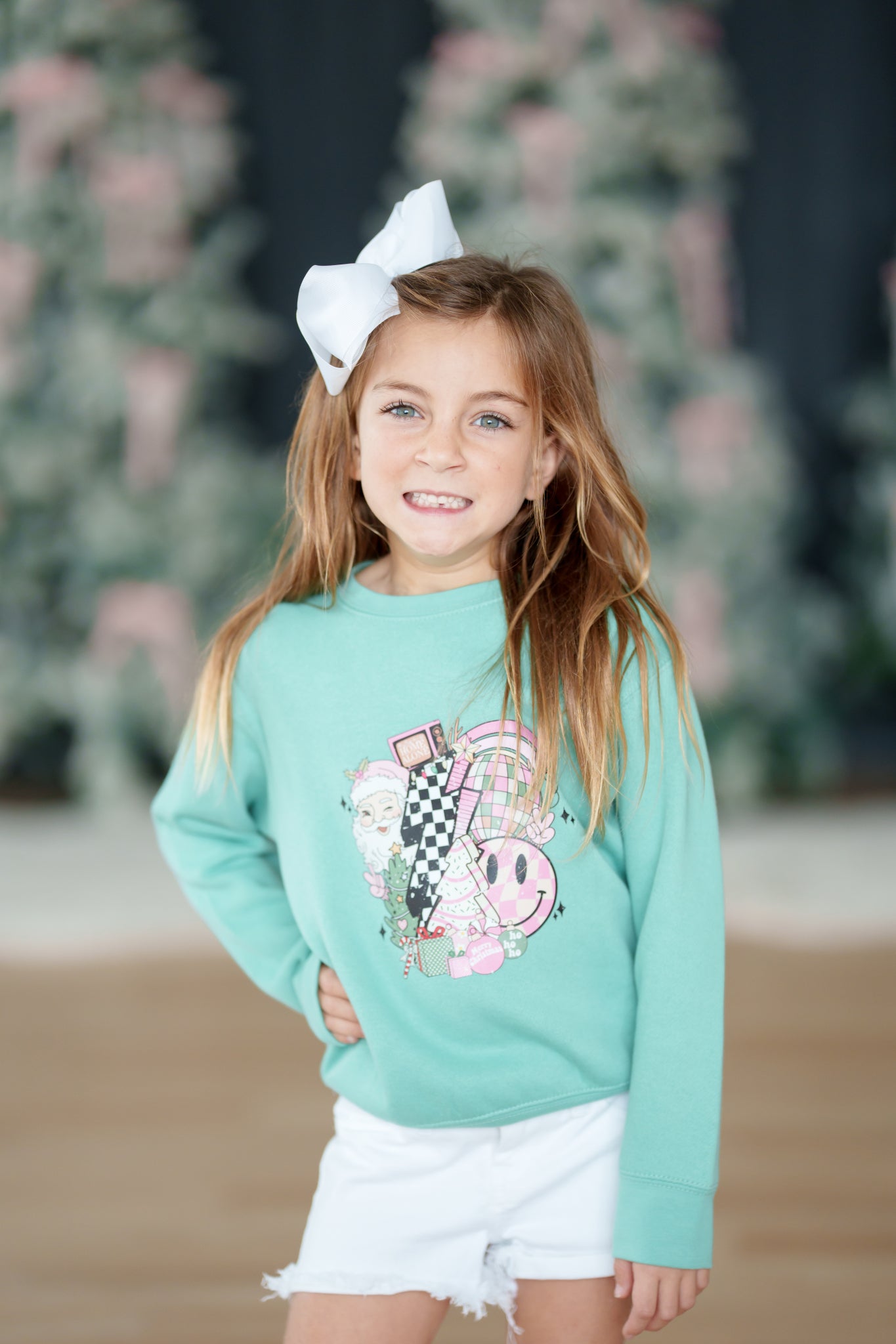 Girls Teal Retro Santa Sweatshirt