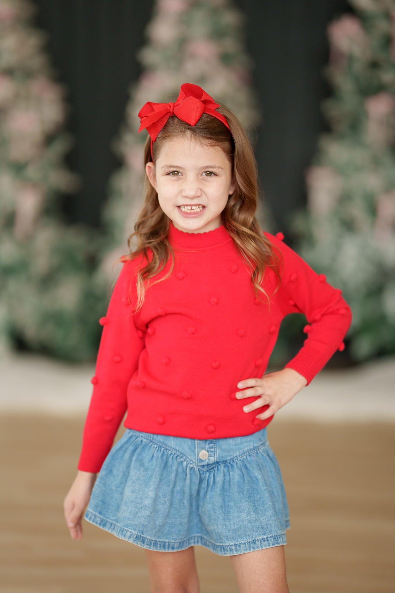 Girls Red Pom Crew Neck Sweater