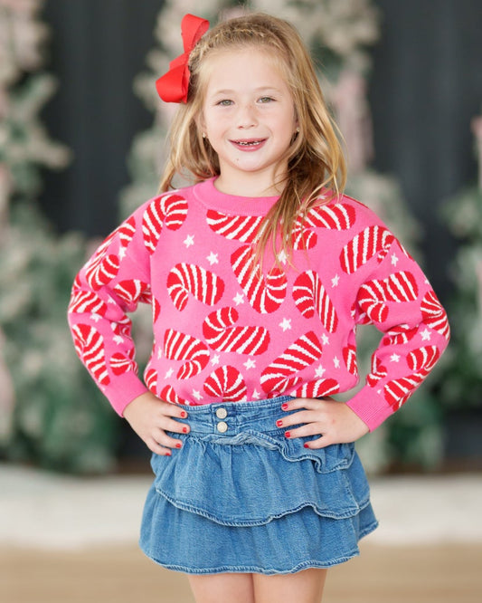 Girls Pink Candy Cane Sweater