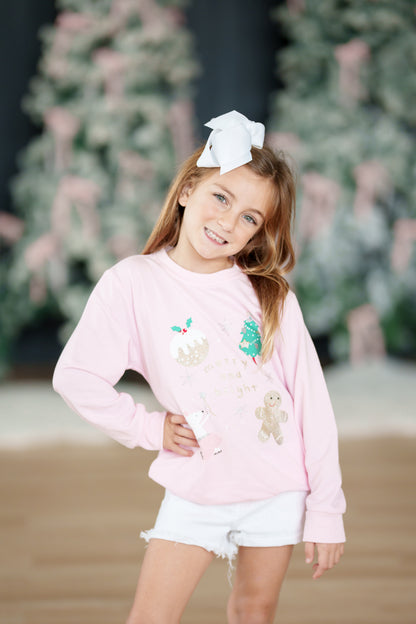 Merry and Bright Pink Ornament and Gingerbread Sweatshirt