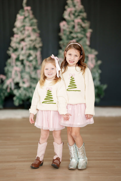 Girls Preppy Knit Christmas Tree Sweater