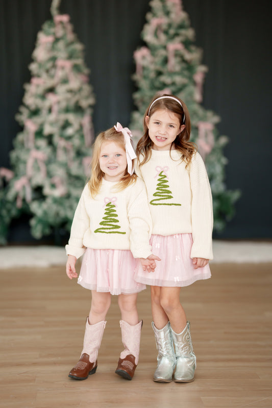 Girls Preppy Knit Christmas Tree Sweater