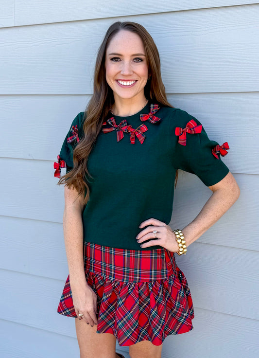 Green Sweater with Red Plaid Bows