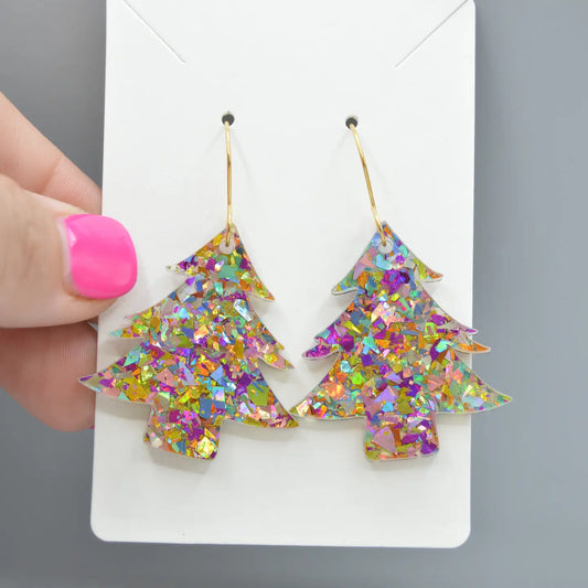 Gold and Pink Confetti Christmas Tree Dangle Earrings