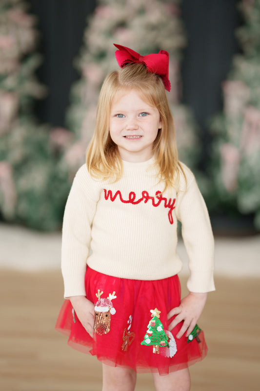 White Girls Red Merry Embroidery Sweater