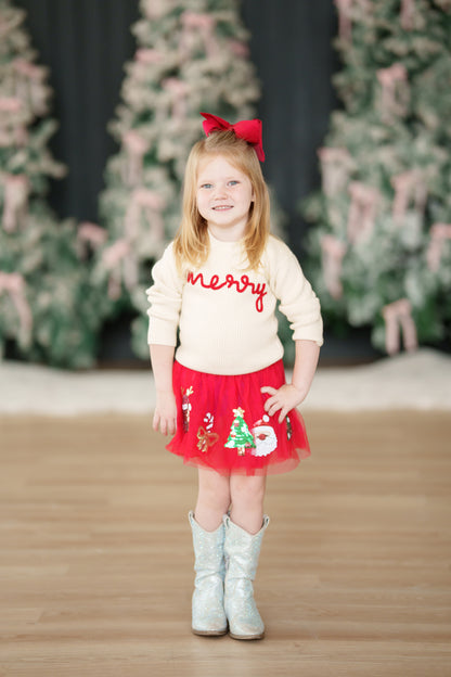 White Girls Red Merry Embroidery Sweater