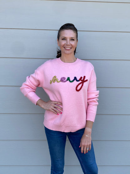 Pink Merry Letter Tinsel Christmas Sweater