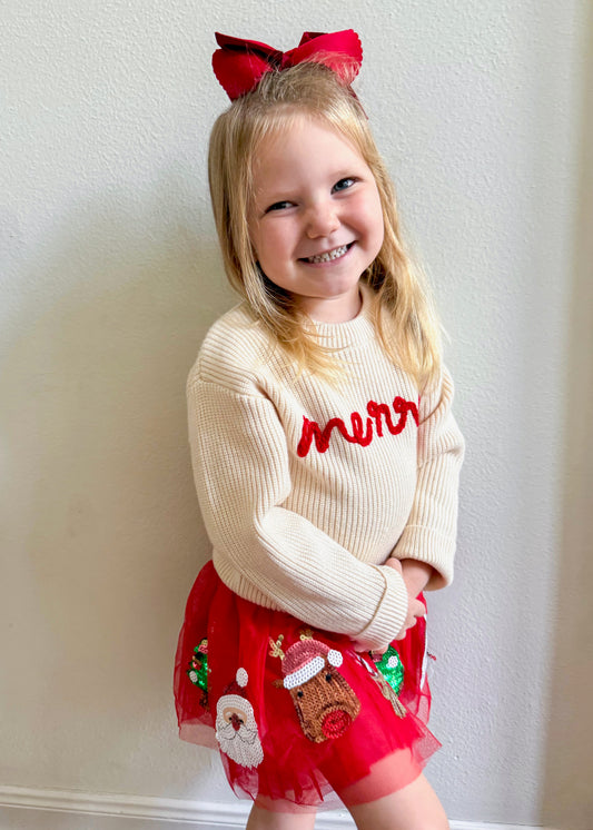 White Girls Red Merry Embroidery Sweater