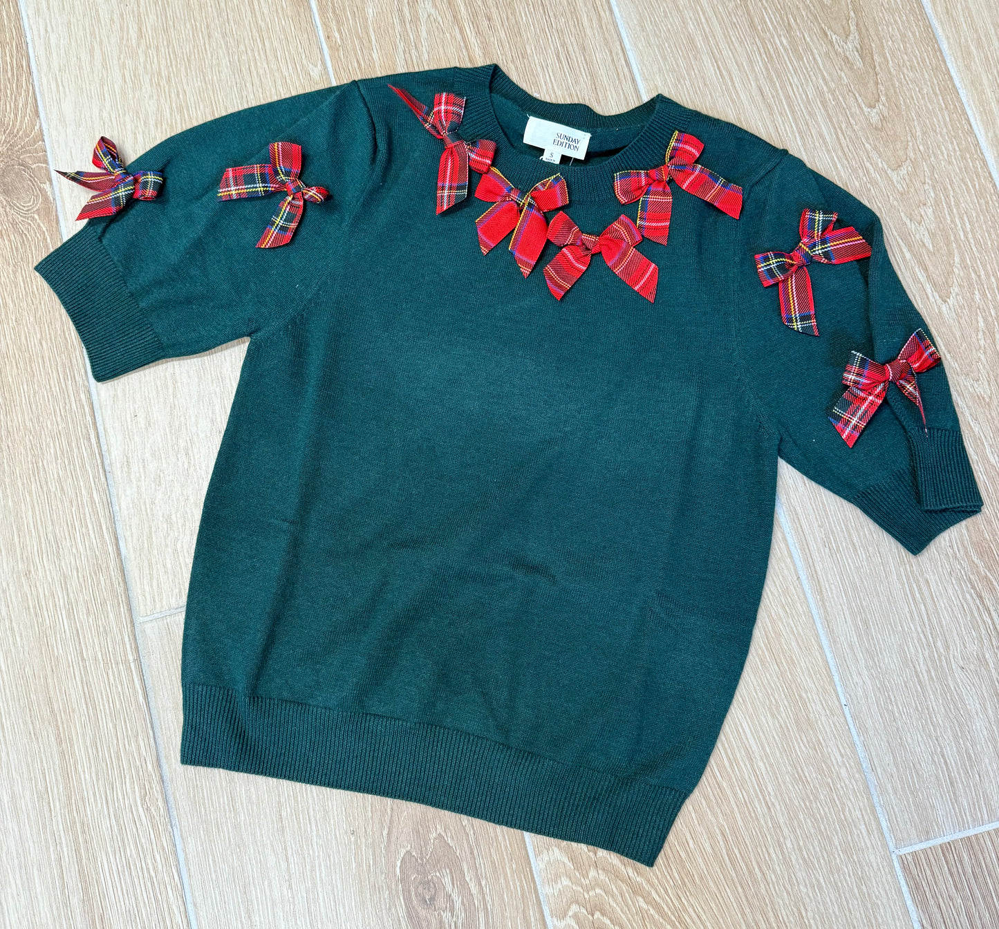 Green Sweater with Red Plaid Bows