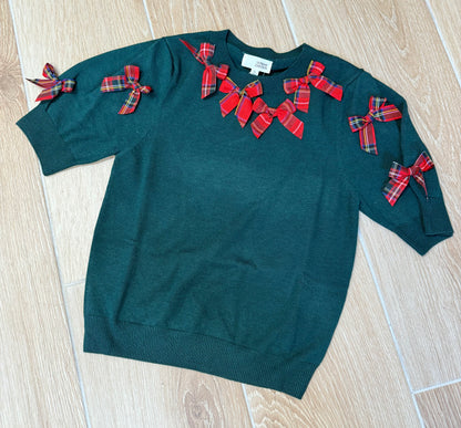 Green Sweater with Red Plaid Bows