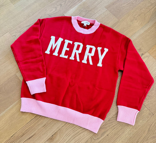 Red Long Sleeved Merry Sweater with Pink Trim