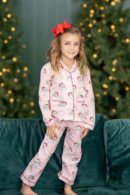 Smockingbird Pink Vintage Santa Button Up girls Pajamas