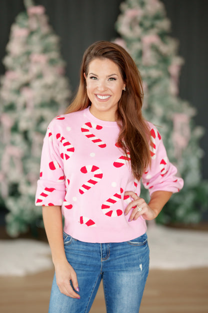 Pink Fitted Candy Cane Sweater