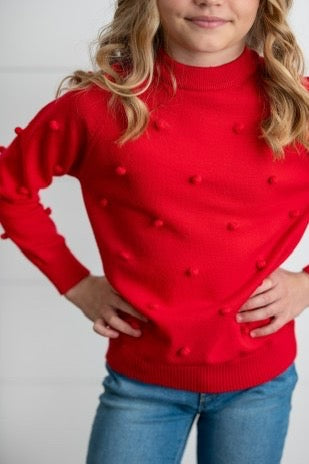 Girls Red Pom Crew Neck Sweater