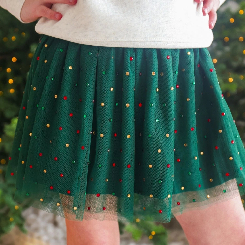 Girls Green Rhinestone Christmas Skirt