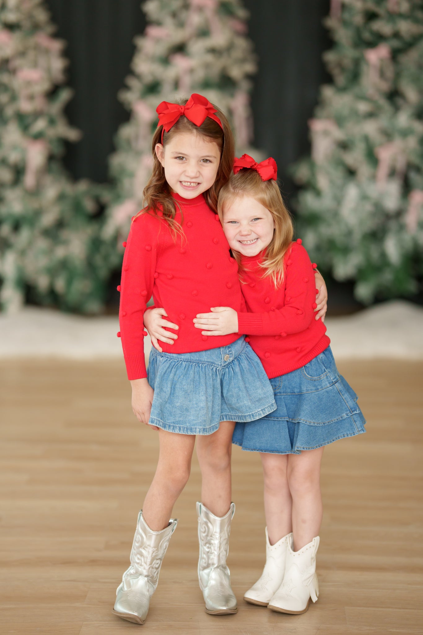 Girls Red Pom Crew Neck Sweater