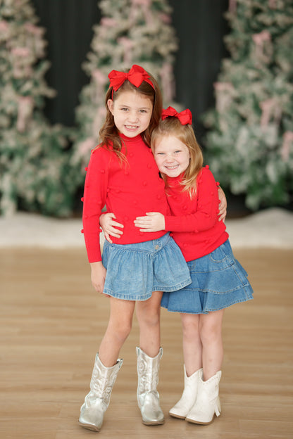 Girls Red Pom Crew Neck Sweater