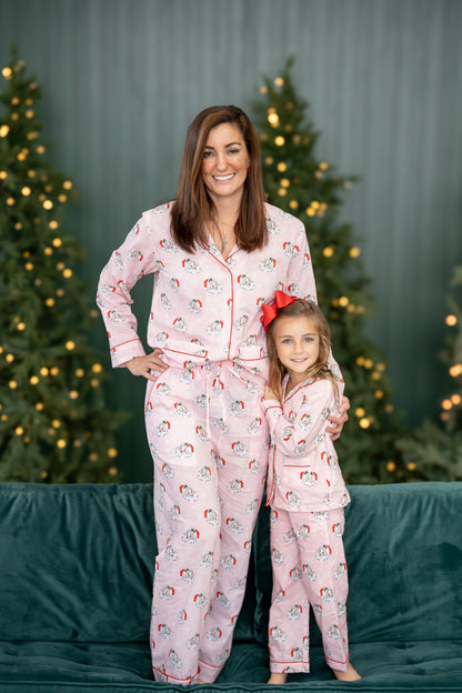 Smockingbird Pink Vintage Santa Button Up girls Pajamas