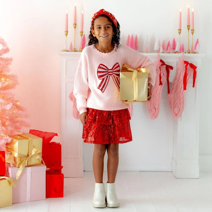 Girls Candy Cane Sequin Bow Knit Sweater