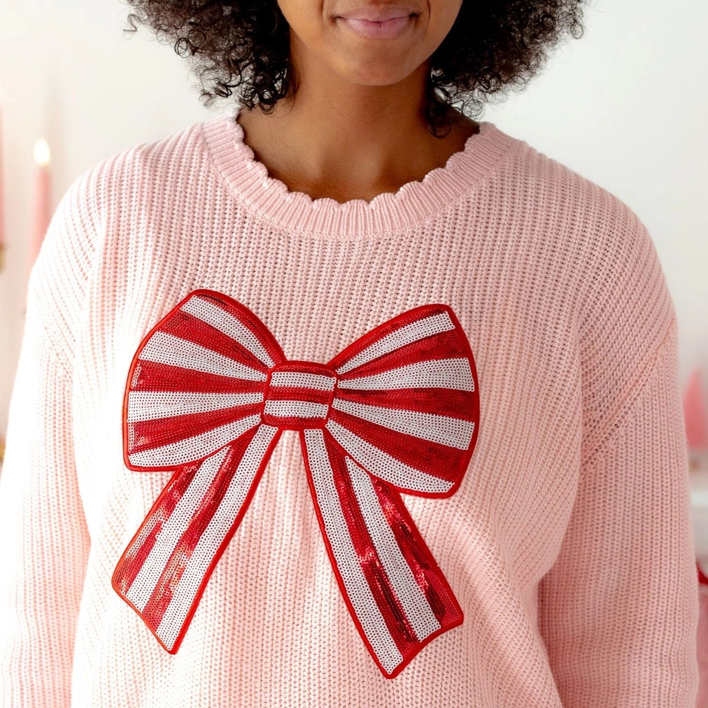 Candy Cane Sequin Bow Knit Sweater