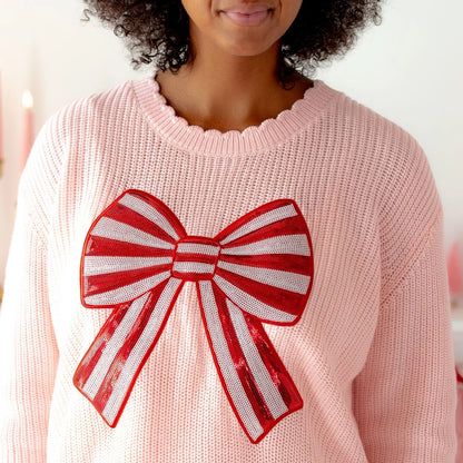 Candy Cane Sequin Bow Knit Sweater