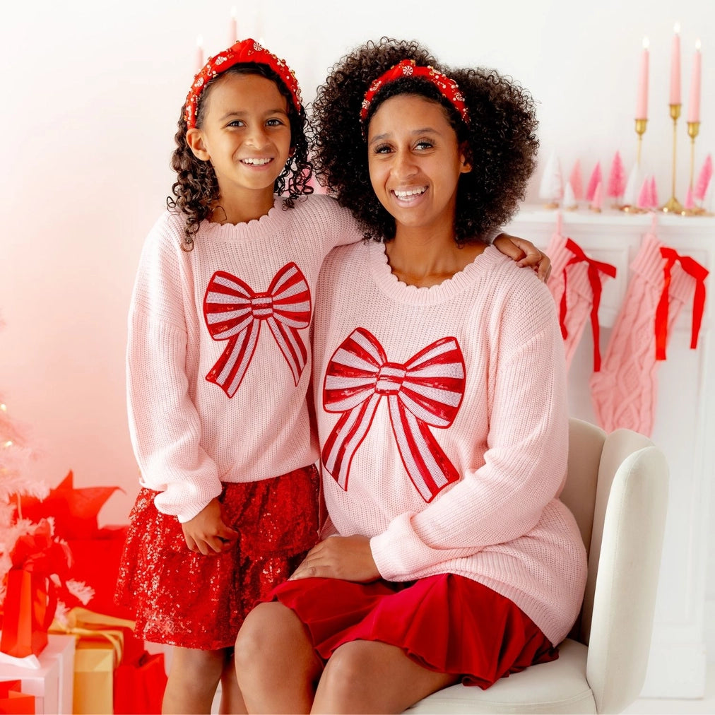 Candy Cane Sequin Bow Knit Sweater