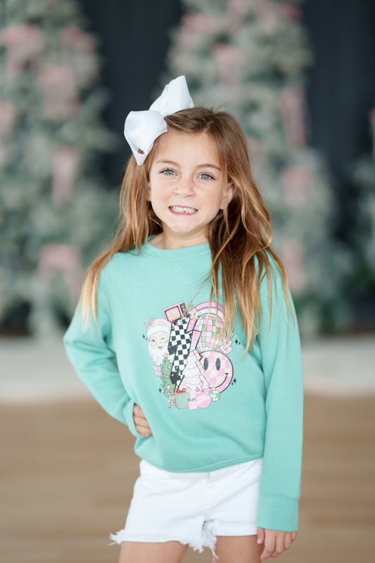 Girls Teal Retro Santa Sweatshirt